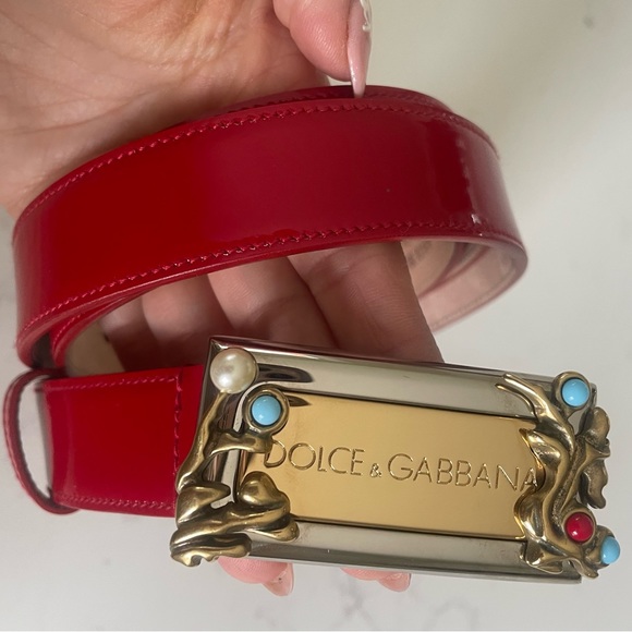Dolce&Gabbana red leather belt with two tone buckle, stones, 32/80 - Picture 3 of 4